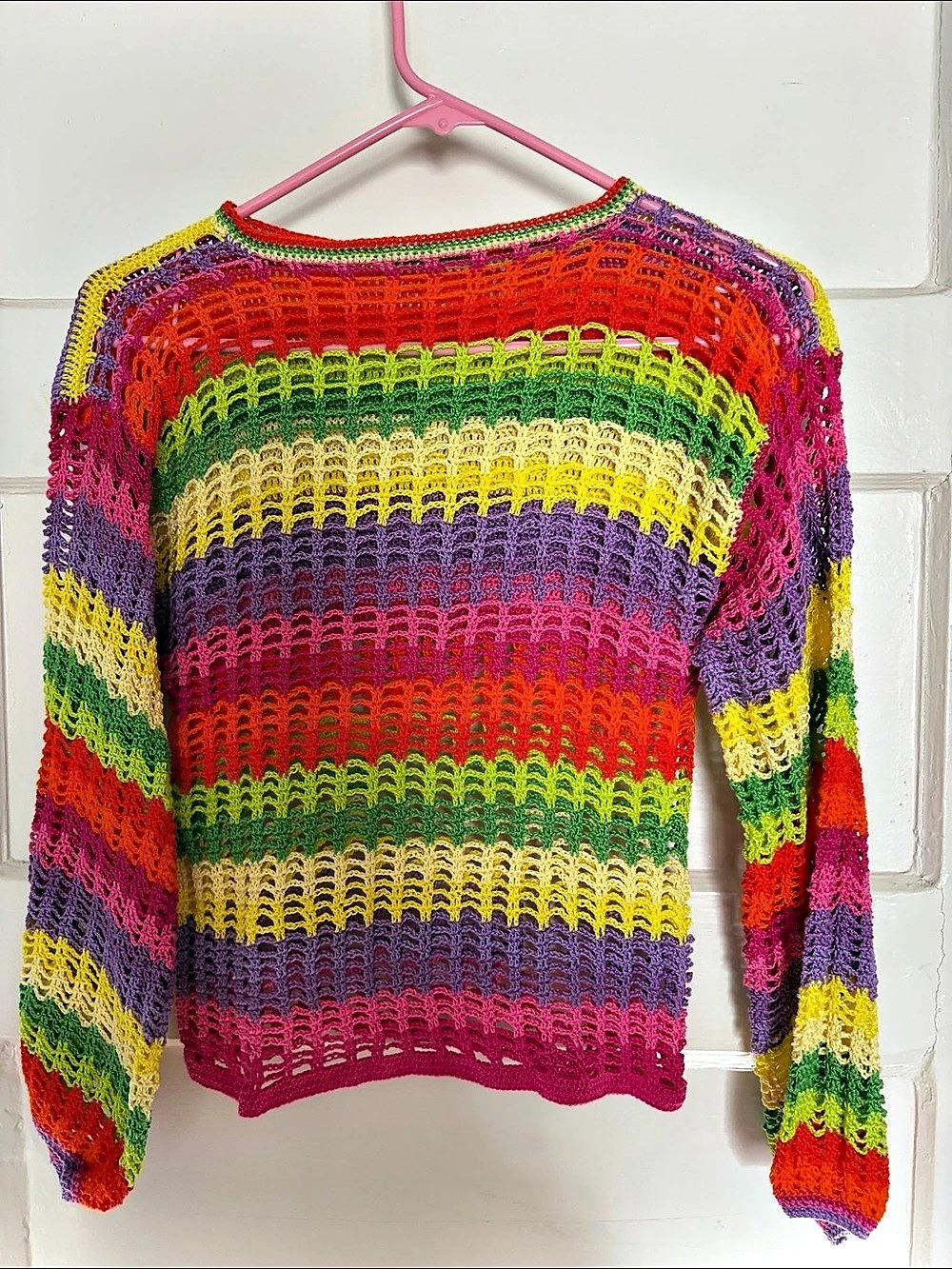 Women's Rainbow Striped Crochet Sweater